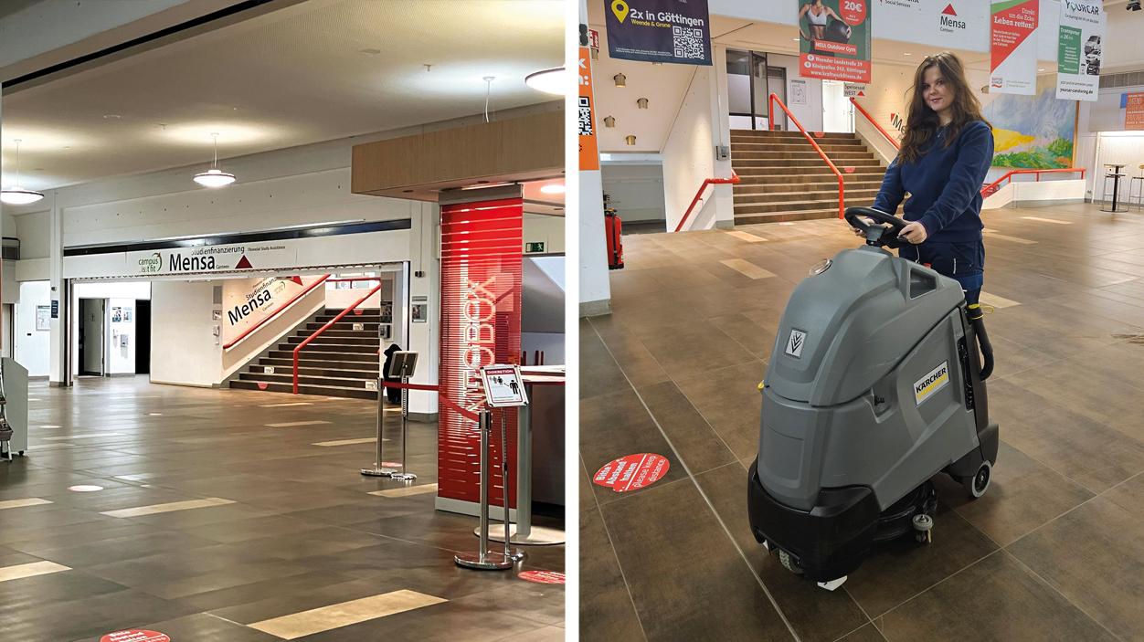 Für das Studierendenwerk Göttingen reinigt Piepenbrock unter anderem das Foyer der Zentralmensa. Dort setzen die Reinigungskräfte auf eine i-mop-Scheuersaugmaschine mit besonderem Aufsatz. (Bild: © Studierendenwerk Göttingen)