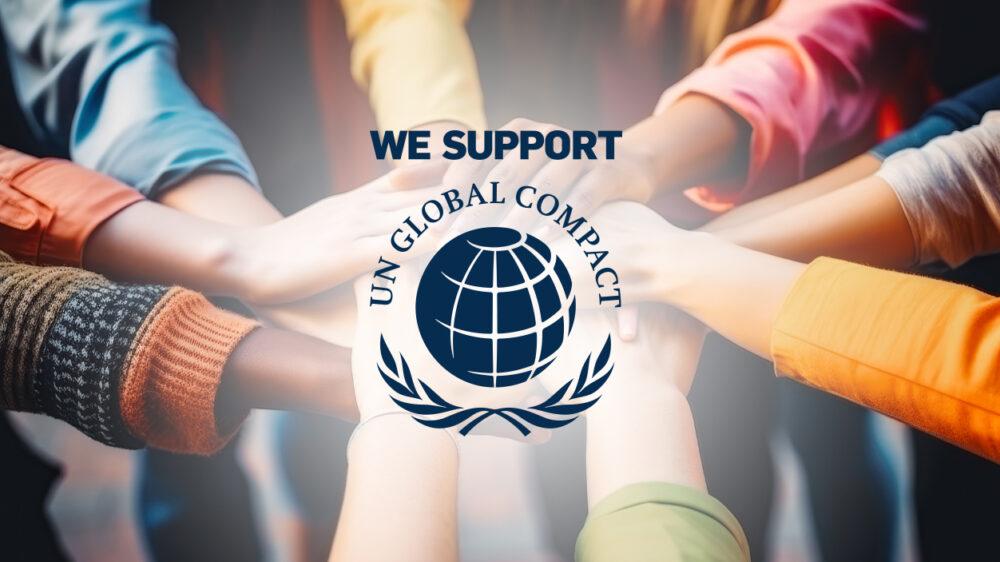 UN-Global-Compact Logo vor dem Hintergrund aufeinanderliegender Hände