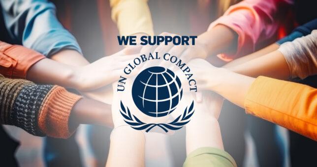 UN-Global-Compact Logo vor dem Hintergrund aufeinanderliegender Hände