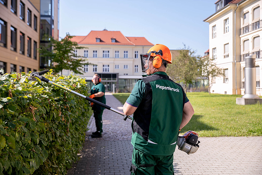 Mitarbeiter der Piepenbrock Grünanlagenpflege schneiden eine Hecke 